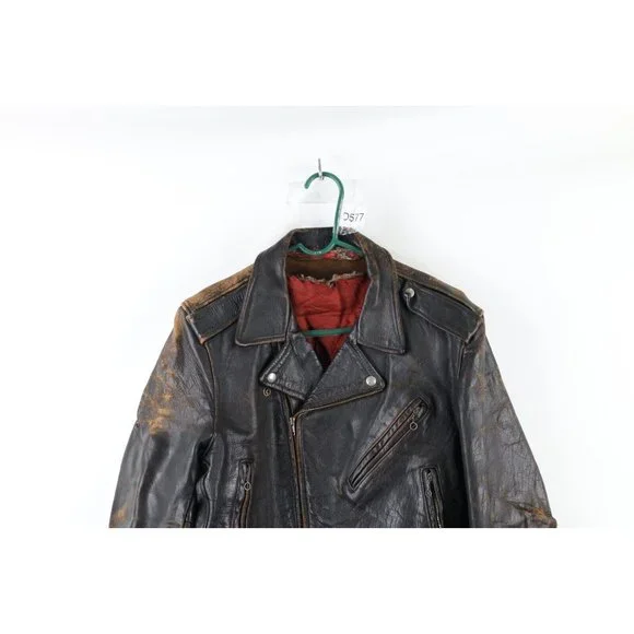 Vintage 50s 38 Thrashed Horsehide Leather Belted Motorcycle Jacket Dark Brown